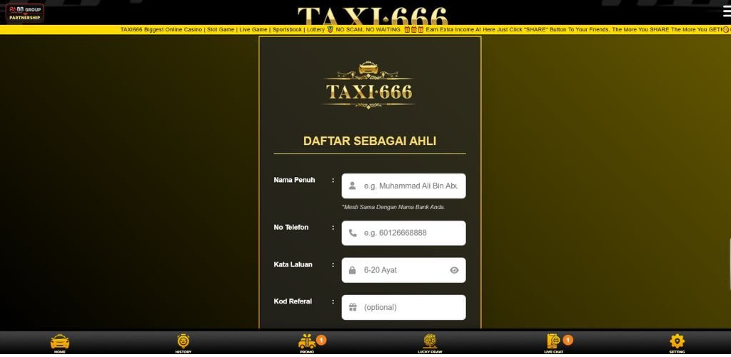 Register Page at Taxi666 Casino